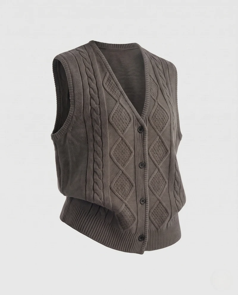 Damen Boxy‑Strickweste mit Diamantstruktur, V‑Ausschnitt und Holzknöpfen Nord Taschen