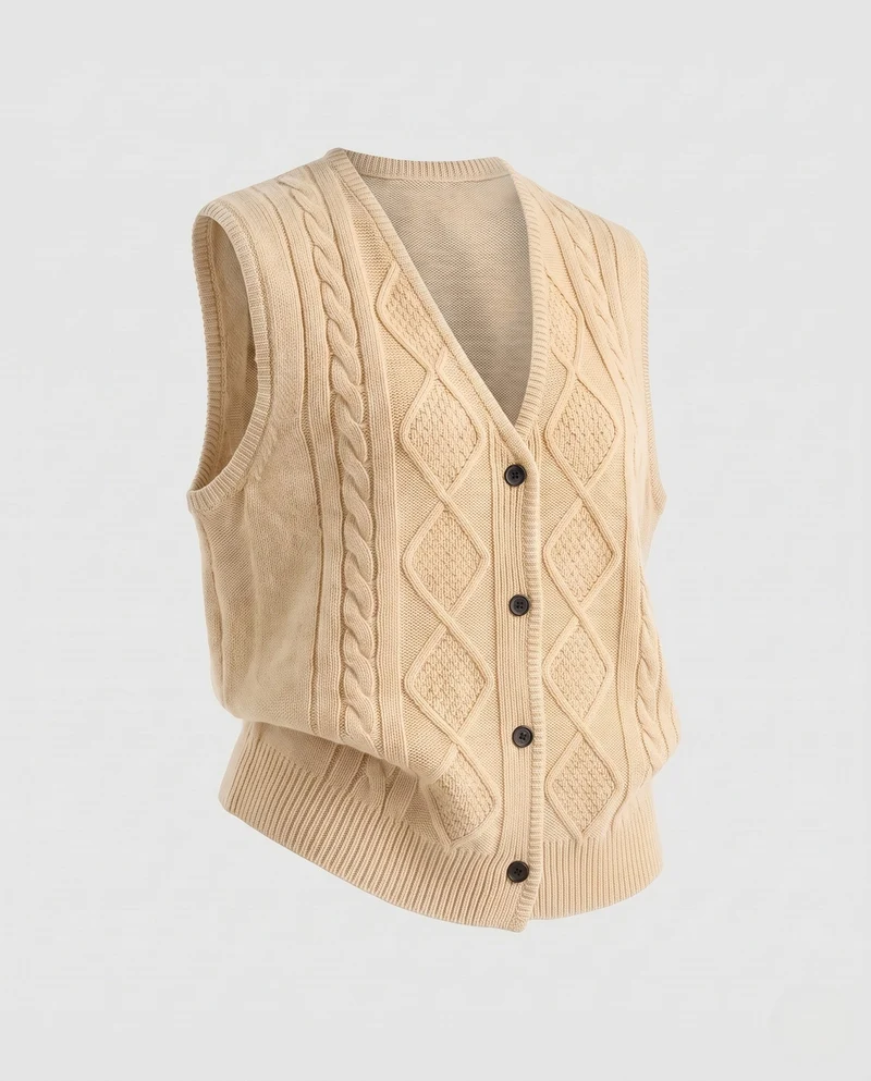 Damen Boxy‑Strickweste mit Diamantstruktur, V‑Ausschnitt und Holzknöpfen Nord Taschen