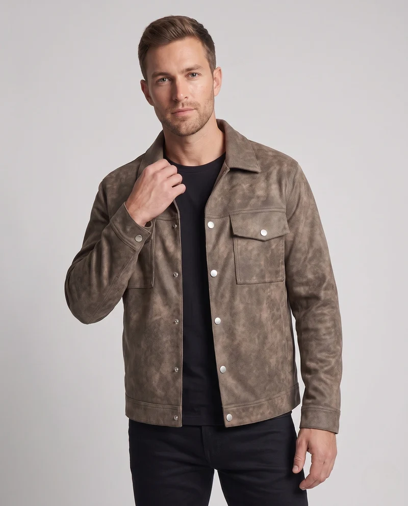 Herren Oversize Worker‑Hemdjacke aus Veloursleder‑Imitat mit Druckknopfblende & aufgesetzten Brusttaschen Nord Taschen
