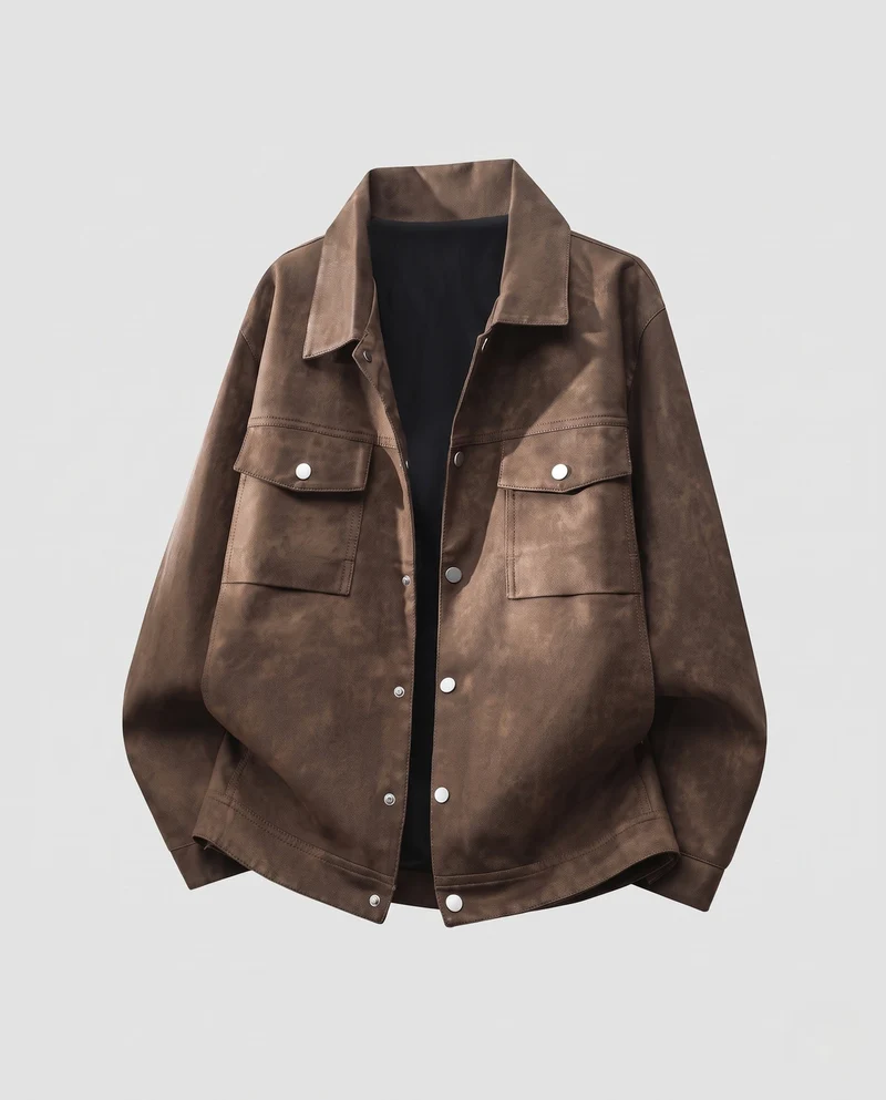 Herren Oversize Worker‑Hemdjacke aus Veloursleder‑Imitat mit Druckknopfblende & aufgesetzten Brusttaschen Nord Taschen