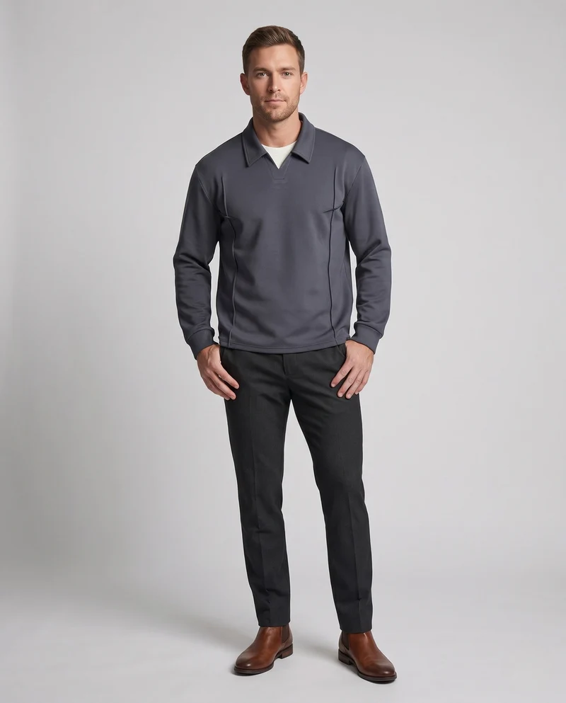 Herren Pullover-Sweatshirt mit Hemdkragen, V‑Ausschnitt und Ziernähten Nord Taschen