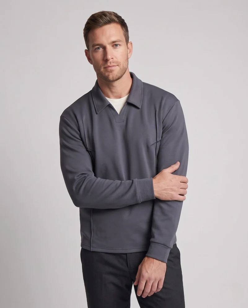 Herren Pullover-Sweatshirt mit Hemdkragen, V‑Ausschnitt und Ziernähten Nord Taschen