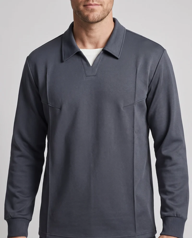 Herren Pullover-Sweatshirt mit Hemdkragen, V‑Ausschnitt und Ziernähten Nord Taschen