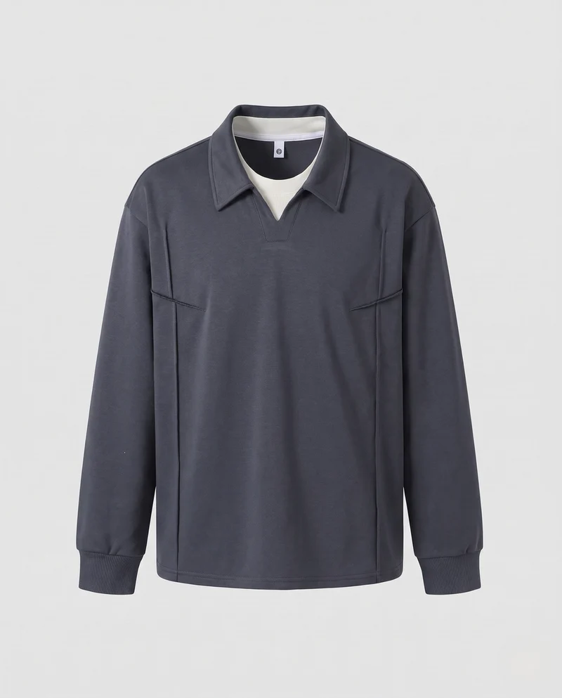Herren Pullover-Sweatshirt mit Hemdkragen, V‑Ausschnitt und Ziernähten Nord Taschen
