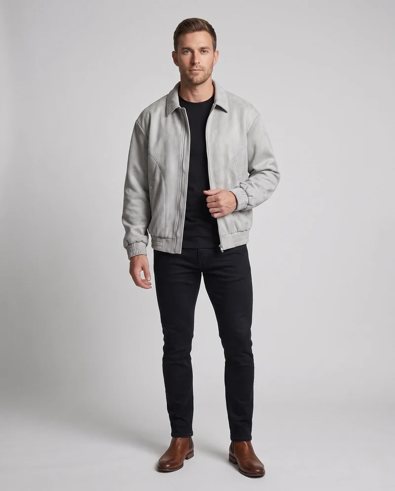 Herren Oversized Veloursleder-Optik Zipjacke mit Hemdkragen, elastischen Bündchen & Pattentaschen Nord Taschen