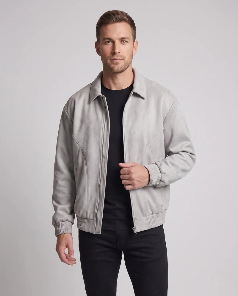 Herren Oversized Veloursleder-Optik Zipjacke mit Hemdkragen, elastischen Bündchen & Pattentaschen Nord Taschen