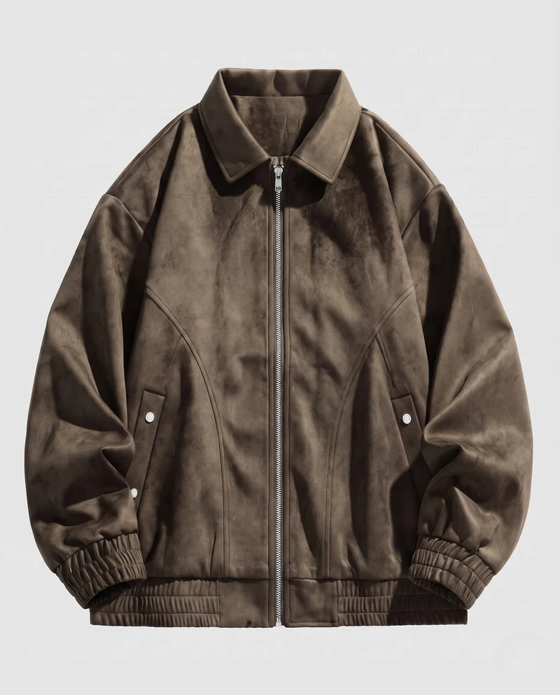 Herren Oversized Veloursleder-Optik Zipjacke mit Hemdkragen, elastischen Bündchen & Pattentaschen Nord Taschen
