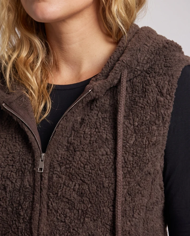 Damen Ärmellose Teddy-Weste mit Kapuze und Reißverschluss Nord Taschen