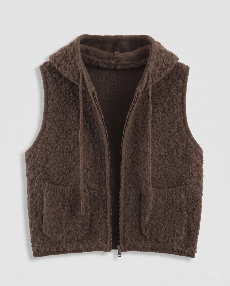 Damen Ärmellose Teddy-Weste mit Kapuze und Reißverschluss Nord Taschen