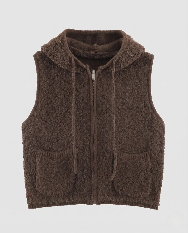 Damen Ärmellose Teddy-Weste mit Kapuze und Reißverschluss Nord Taschen