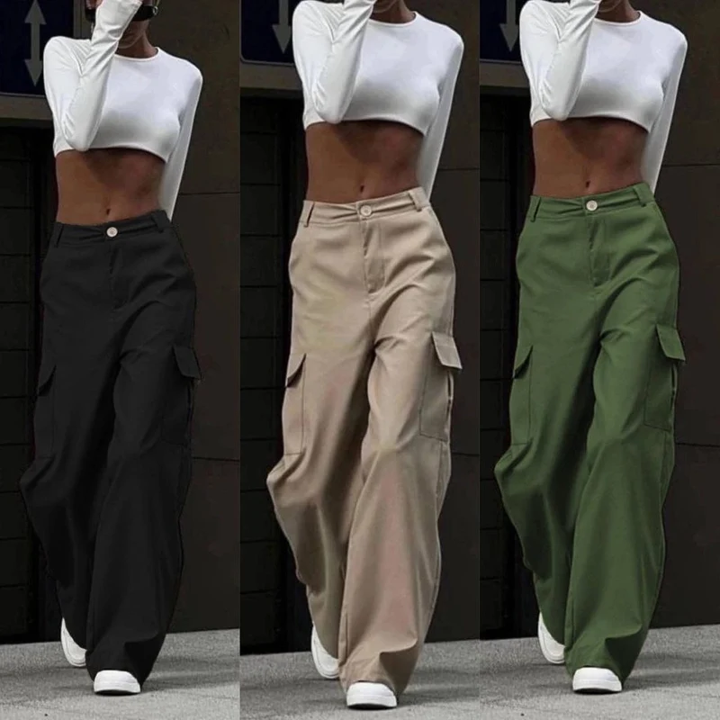 Damen Weite High-Waist Cargo-Hose mit Oversized-Silhouette und Klappentaschen Nord Taschen