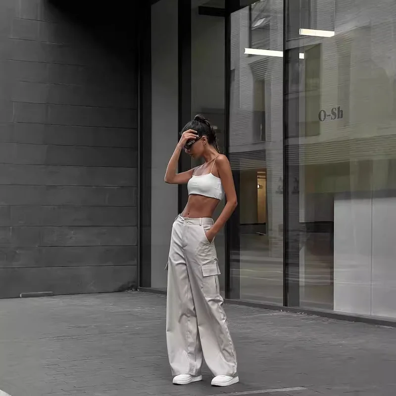 Damen Weite High-Waist Cargo-Hose mit Oversized-Silhouette und Klappentaschen Nord Taschen