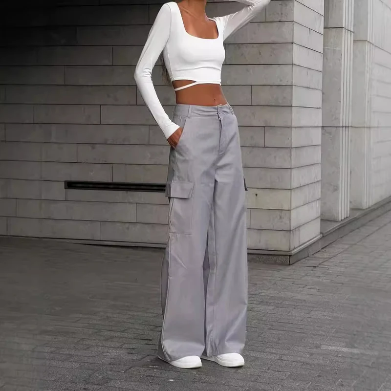 Damen Weite High-Waist Cargo-Hose mit Oversized-Silhouette und Klappentaschen Nord Taschen