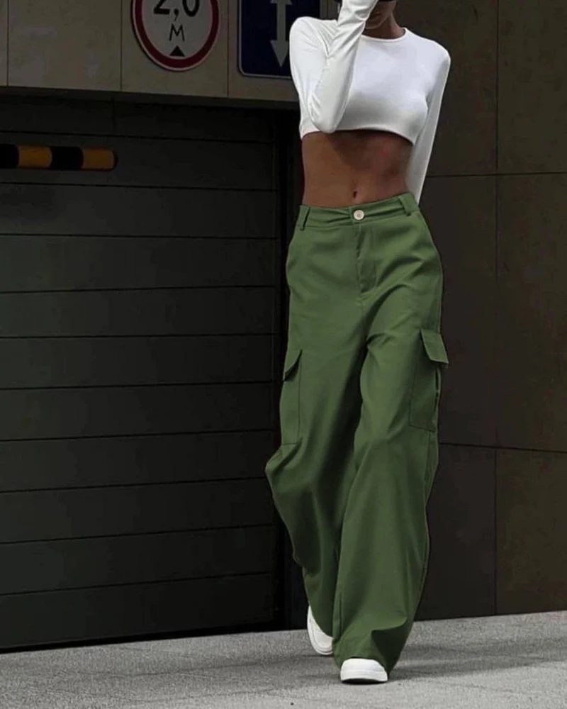 Damen Weite High-Waist Cargo-Hose mit Oversized-Silhouette und Klappentaschen Nord Taschen