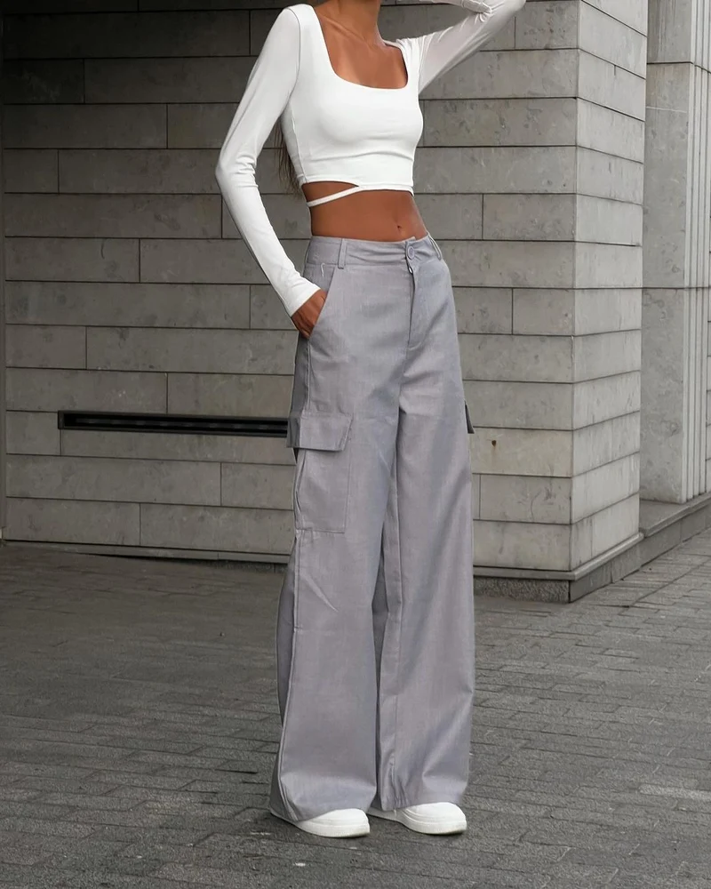 Damen Weite High-Waist Cargo-Hose mit Oversized-Silhouette und Klappentaschen Nord Taschen