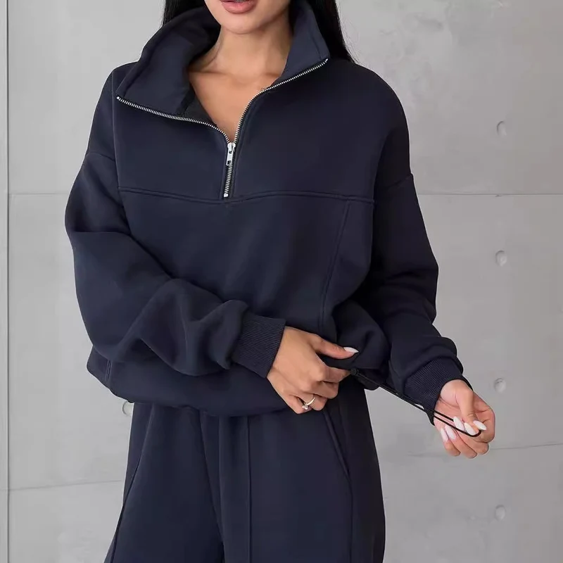 Damen Weiches Oversized Lounge-Set mit Troyer-Kragen, Eingrifftaschen und schmeichelhafter High-Waist Hose Nord Taschen
