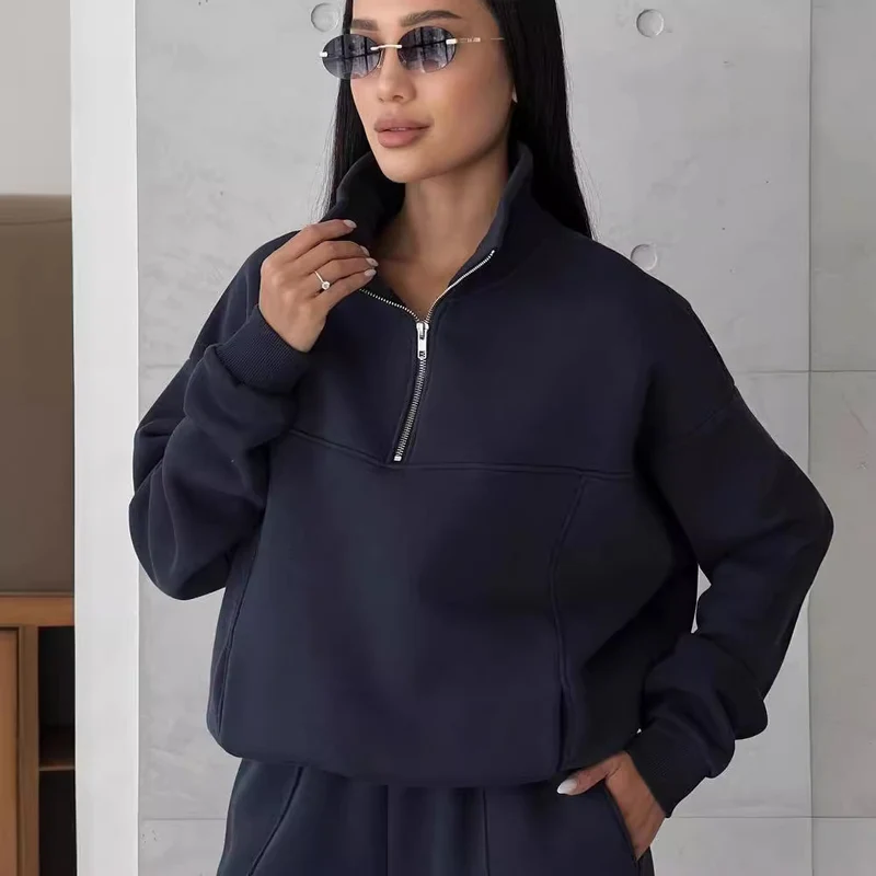 Damen Weiches Oversized Lounge-Set mit Troyer-Kragen, Eingrifftaschen und schmeichelhafter High-Waist Hose Nord Taschen