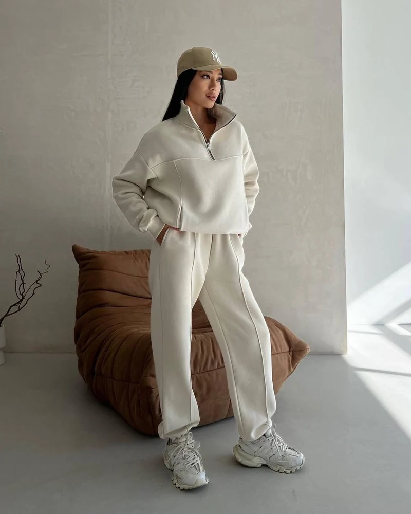 Damen Weiches Oversized Lounge-Set mit Troyer-Kragen, Eingrifftaschen und schmeichelhafter High-Waist Hose Nord Taschen