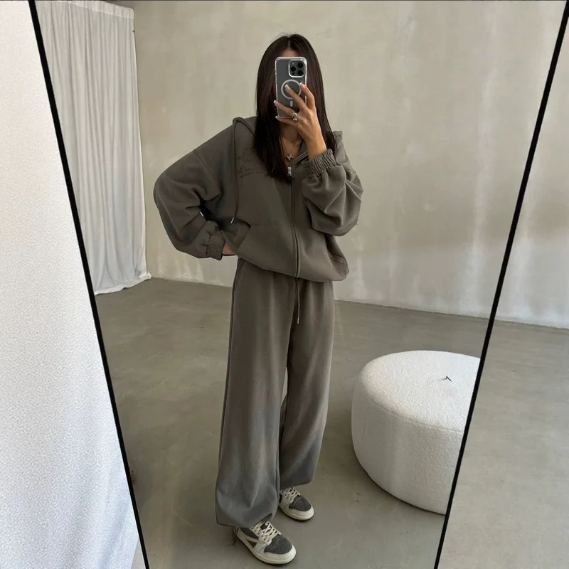 Damen Weiches Oversize-Kapuzen-Sweatjacken-Set mit weiter Jogginghose Nord Taschen