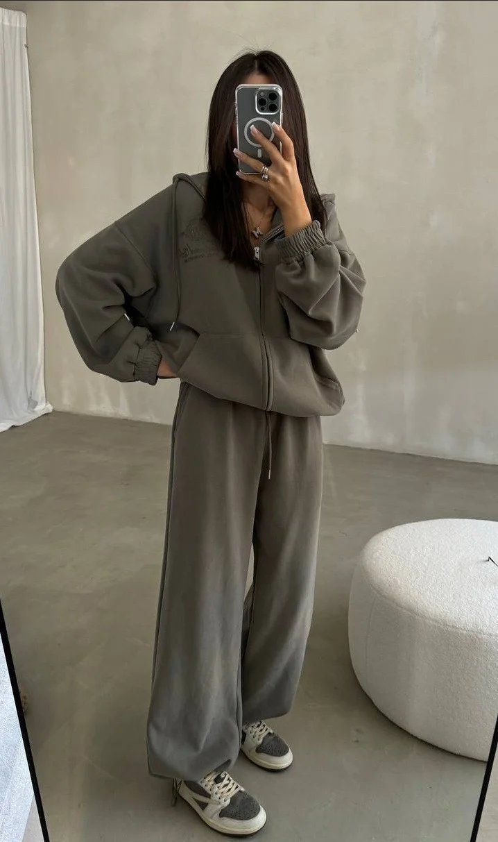 Damen Weiches Oversize-Kapuzen-Sweatjacken-Set mit weiter Jogginghose Nord Taschen