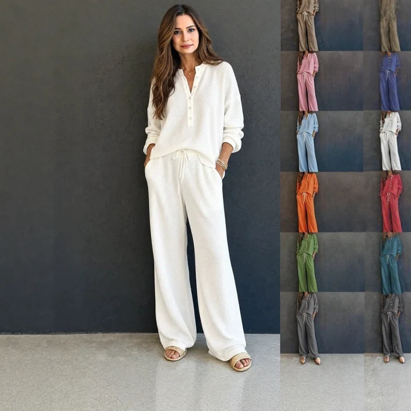 Damen Waffelstrick-Loungewear-Set mit Henley-Oberteil, Kordelbund und weiter Palazzo-Hose Nord Taschen