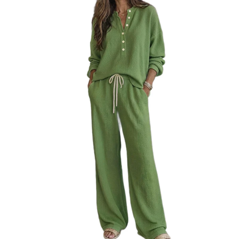 Damen Waffelstrick-Loungewear-Set mit Henley-Oberteil, Kordelbund und weiter Palazzo-Hose Nord Taschen