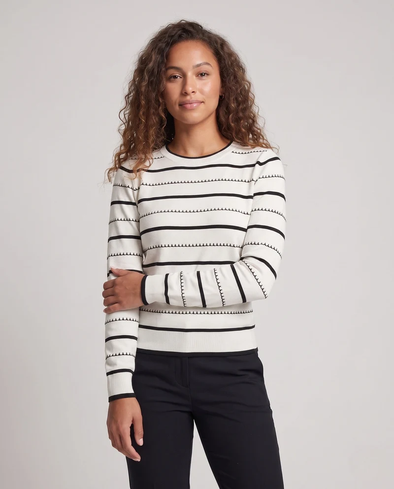 Damen Gestreifter Feinstrickpullover mit Zierstich und Rundhalsausschnitt Nord Taschen