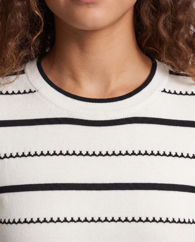 Damen Gestreifter Feinstrickpullover mit Zierstich und Rundhalsausschnitt Nord Taschen