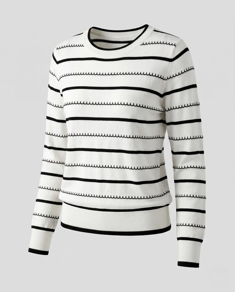 Damen Gestreifter Feinstrickpullover mit Zierstich und Rundhalsausschnitt Nord Taschen