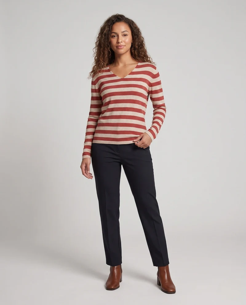 Damen Gestreifter Feinstrickpullover mit V‑Ausschnitt und lässiger Oversize‑Passform Nord Taschen
