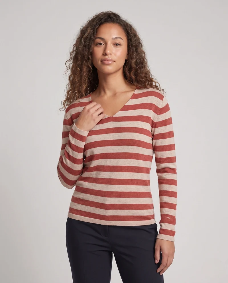 Damen Gestreifter Feinstrickpullover mit V‑Ausschnitt und lässiger Oversize‑Passform Nord Taschen