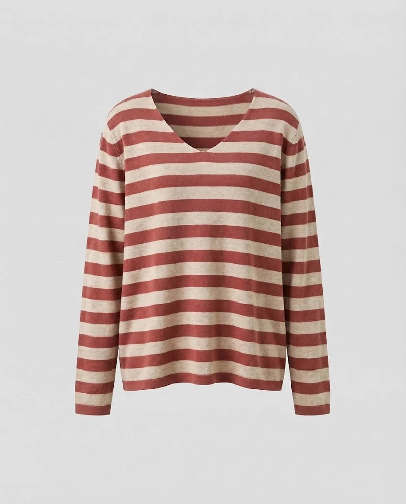 Damen Gestreifter Feinstrickpullover mit V‑Ausschnitt und lässiger Oversize‑Passform Nord Taschen
