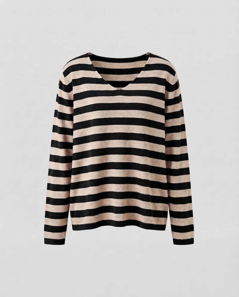 Damen Gestreifter Feinstrickpullover mit V‑Ausschnitt und lässiger Oversize‑Passform Nord Taschen