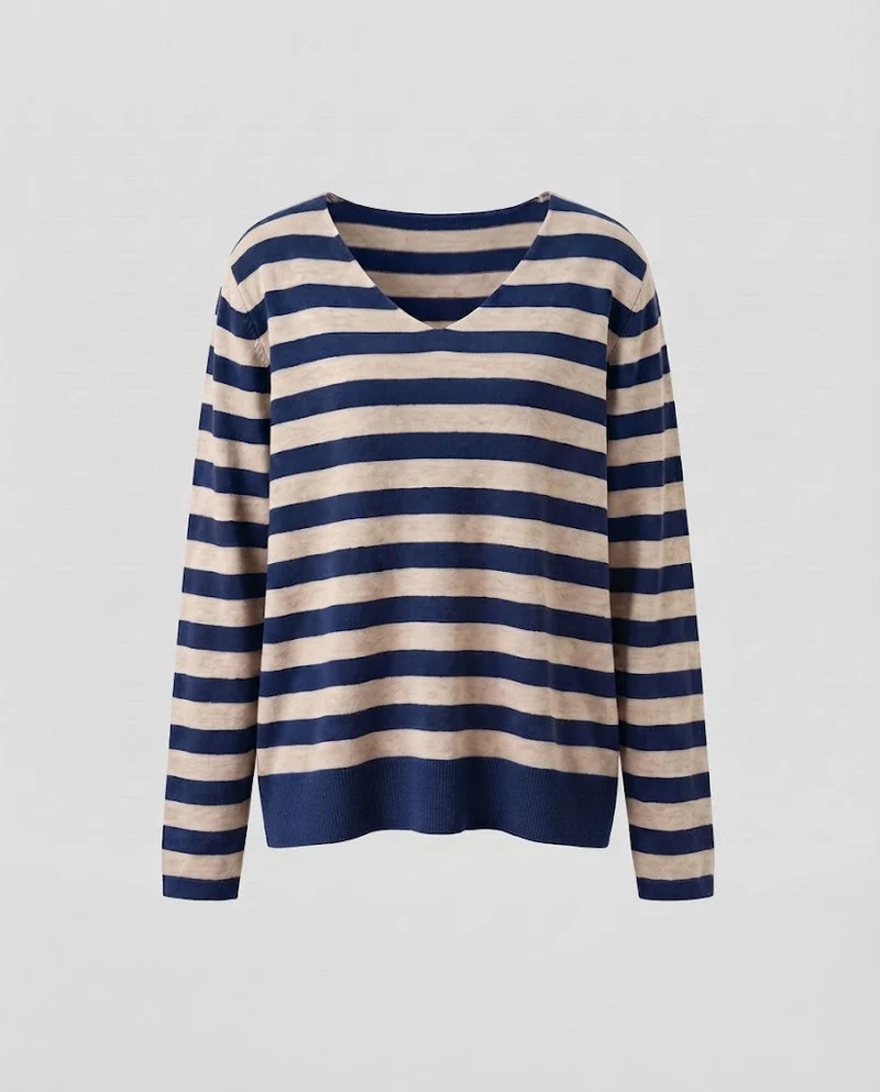 Damen Gestreifter Feinstrickpullover mit V‑Ausschnitt und lässiger Oversize‑Passform Nord Taschen