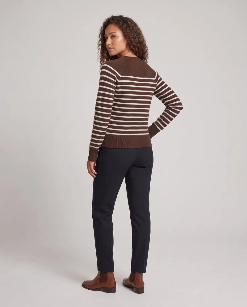 Damen Gestreifter Feinstrickpullover mit Zierknopfleiste und Raglanärmeln Nord Taschen