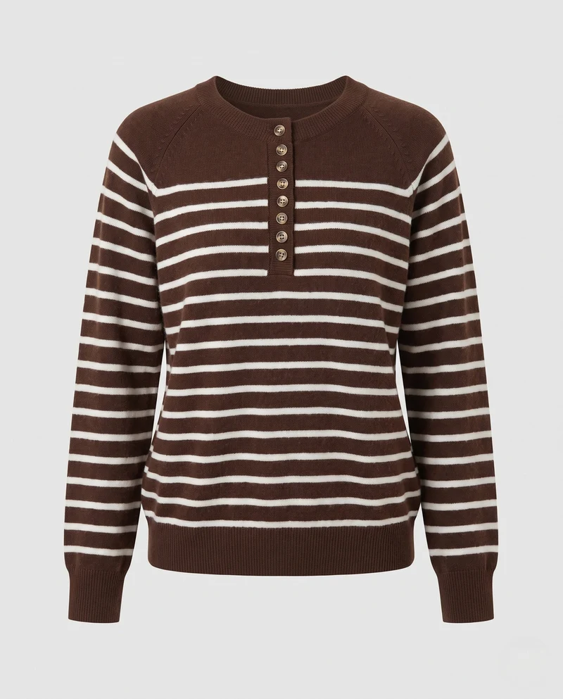 Damen Gestreifter Feinstrickpullover mit Zierknopfleiste und Raglanärmeln Nord Taschen