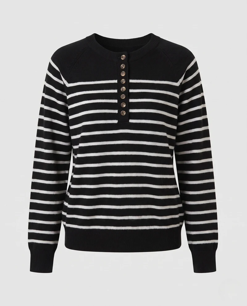Damen Gestreifter Feinstrickpullover mit Zierknopfleiste und Raglanärmeln Nord Taschen