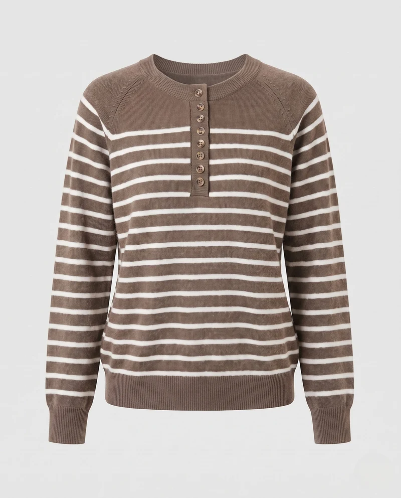 Damen Gestreifter Feinstrickpullover mit Zierknopfleiste und Raglanärmeln Nord Taschen