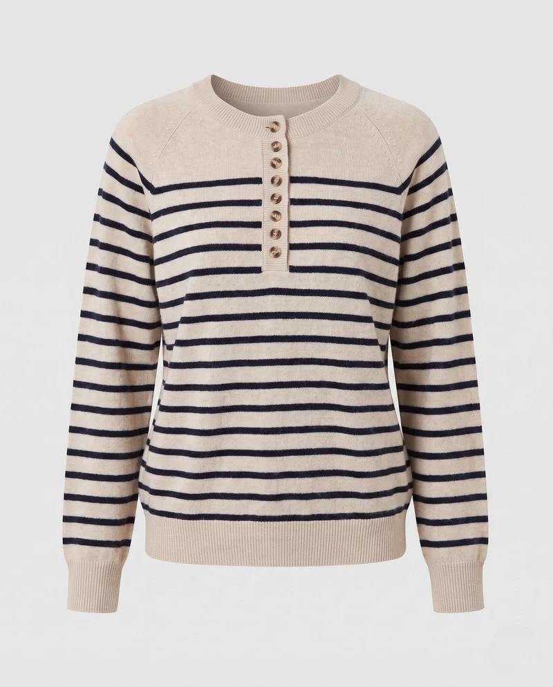 Damen Gestreifter Feinstrickpullover mit Zierknopfleiste und Raglanärmeln Nord Taschen