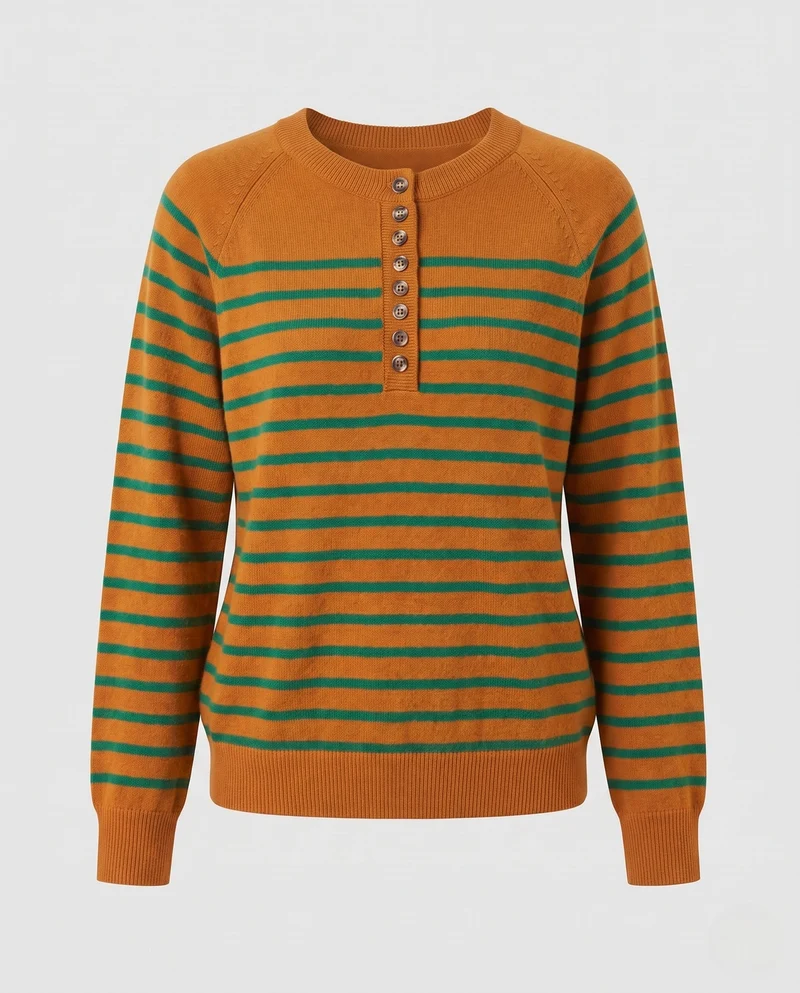 Damen Gestreifter Feinstrickpullover mit Zierknopfleiste und Raglanärmeln Nord Taschen