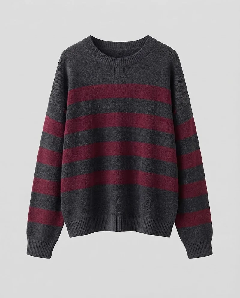 Damen Gestreifter Feinstrickpullover mit Rundhals, überschnittener Schulter und lockerer Silhouette Nord Taschen