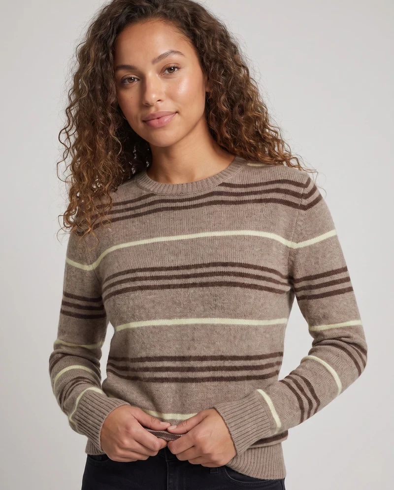 Damen Gestreifter Feinstrick‑Pullover mit Rundhalsausschnitt, flauschiger Mohair‑Optik und figurumspielender Silhouette Nord Taschen