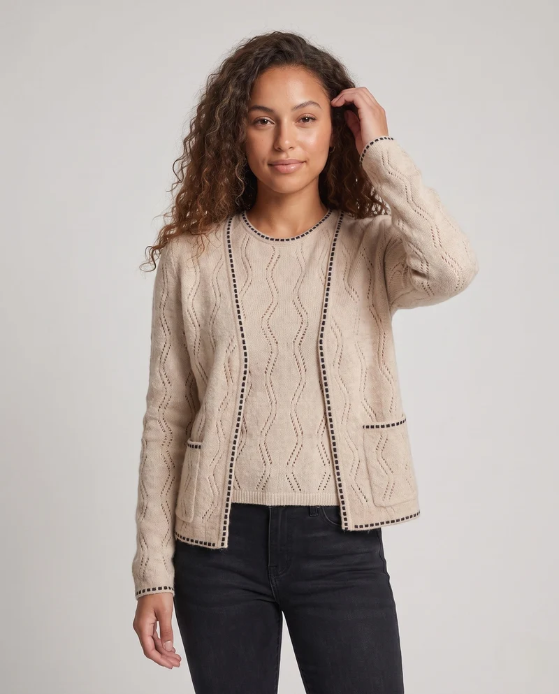 Damen Feinstrick-Zweiteiler mit Ajourmuster – Cardigan und Rundhalspullover Nord Taschen