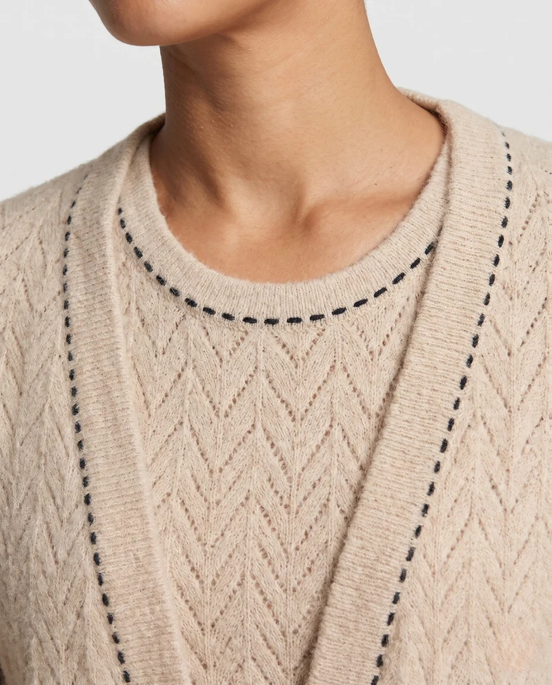 Damen Feinstrick-Zweiteiler mit Ajourmuster – Cardigan und Rundhalspullover Nord Taschen