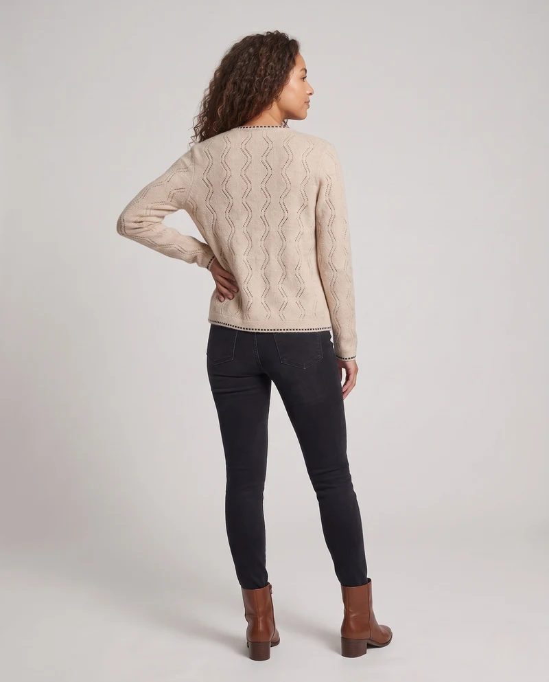 Damen Feinstrick-Zweiteiler mit Ajourmuster – Cardigan und Rundhalspullover Nord Taschen