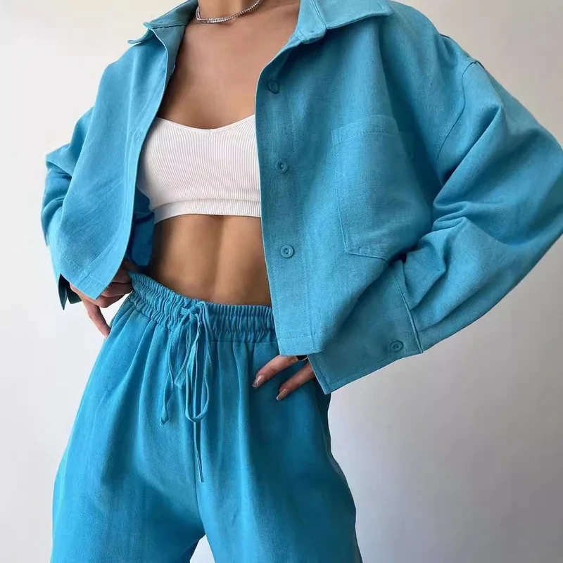 Damen Leinenoptik-Loungewear-Set mit Cropped-Overshirt und High-Waist-Tunnelzughose Nord Taschen