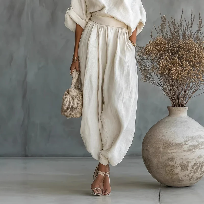 Damen Leinen-Set mit One-Shoulder-Oberteil und weiten Haremshosen Nord Taschen