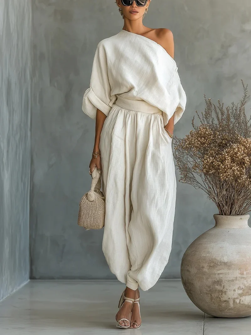 Damen Leinen-Set mit One-Shoulder-Oberteil und weiten Haremshosen Nord Taschen