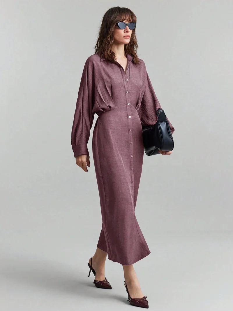 Damen Leinen-Maxikleid mit Hemdkragen, durchgehender Knopfleiste und Fledermausärmeln Nord Taschen