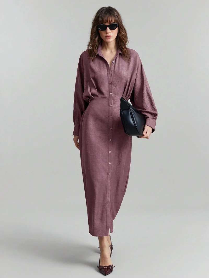 Damen Leinen-Maxikleid mit Hemdkragen, durchgehender Knopfleiste und Fledermausärmeln Nord Taschen